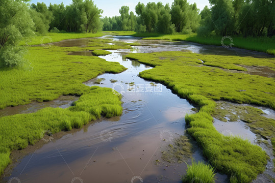 绿意盎然的湿地河道景观