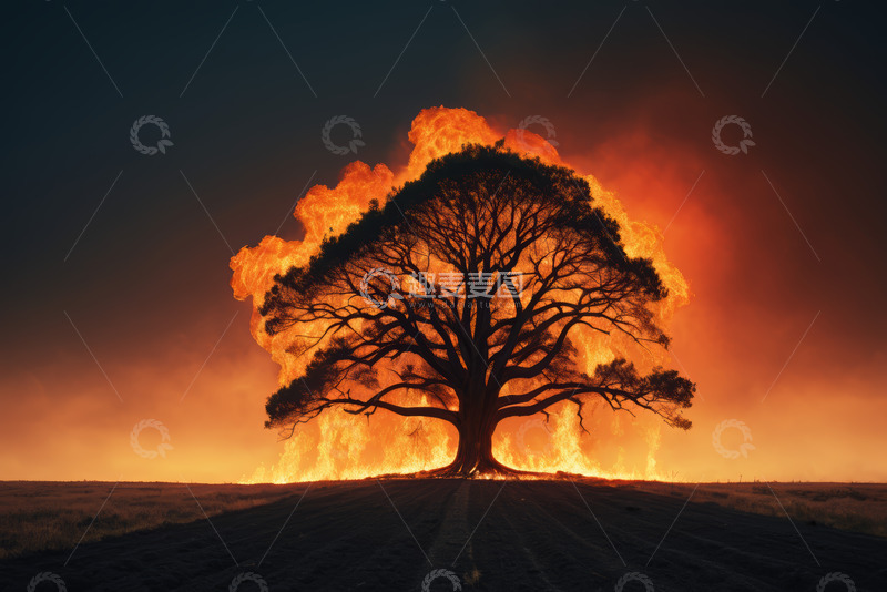 高清大图下载【趣麦麦图】燃烧火焰中的孤独大树