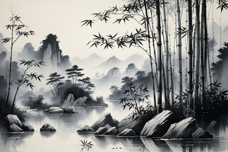 高清大图下载【趣麦麦图】水墨风竹林山水风景素材