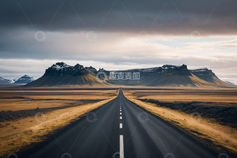 高清大图下载【趣麦麦图】旷野公路与远处山峦风景