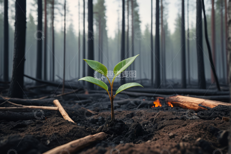 高清大图下载【趣麦麦图】森林火灾后新生的绿色植物