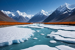 雪山下河流与浮冰景观