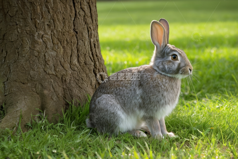 高清大图下载【趣麦麦图】树下草地中的灰色兔子