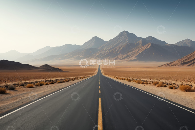 高清大图下载【趣麦麦图】沙漠公路与远方山脉景观