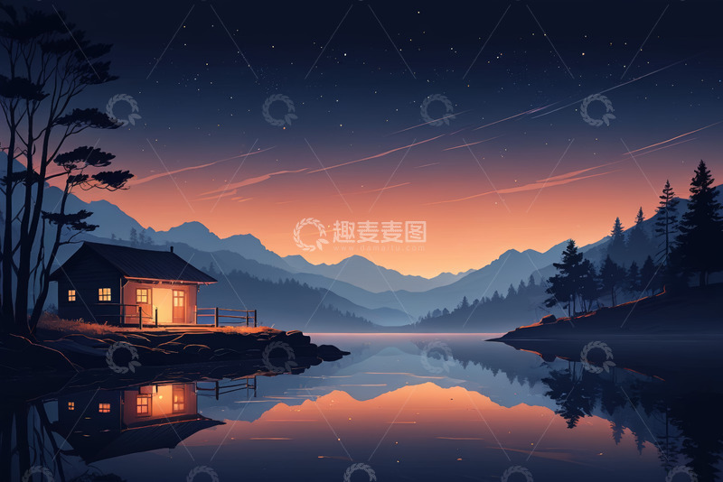 高清大图下载【趣麦麦图】湖畔小屋夜景与远山星空