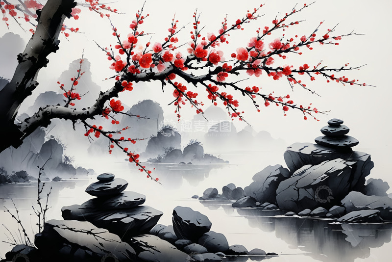 高清大图下载【趣麦麦图】中式水墨风红梅山水风景
