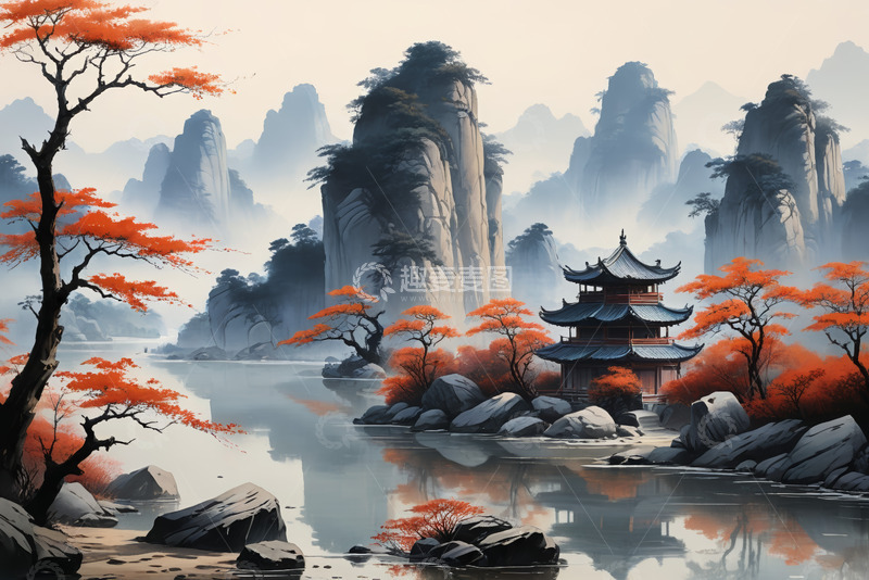 高清大图下载【趣麦麦图】中式山水风景中的古亭