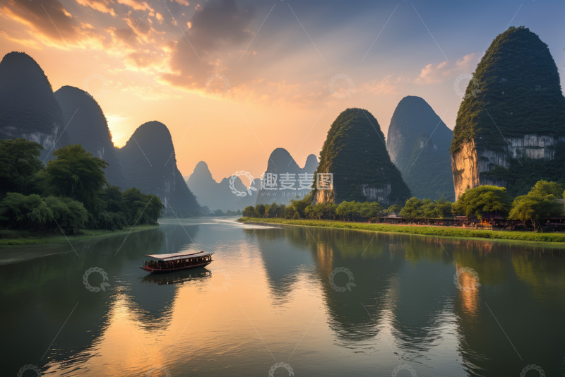 高清大图下载【趣麦麦图】漓江山水夕阳游船风景