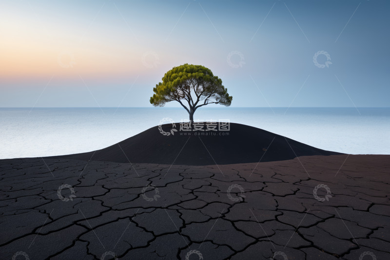 高清大图下载【趣麦麦图】孤树屹立干裂土地与大海背景