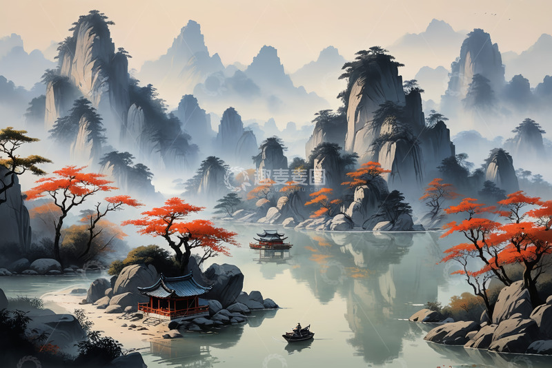 高清大图下载【趣麦麦图】中式山水风景含亭台与孤舟