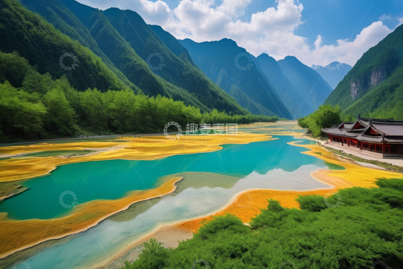 高清大图下载【趣麦麦图】山谷间多彩河流与中式建筑景观