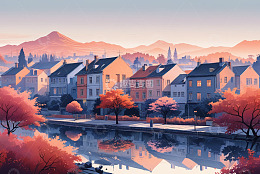 秋日河畔城镇风景