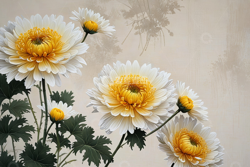 高清大图下载【趣麦麦图】绽放的白瓣黄蕊菊花