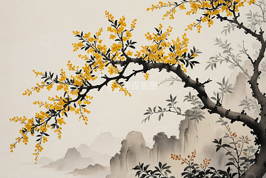 中式水墨风盛开的花枝与远山