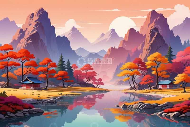 高清大图下载【趣麦麦图】秋日山水间的中式建筑风景