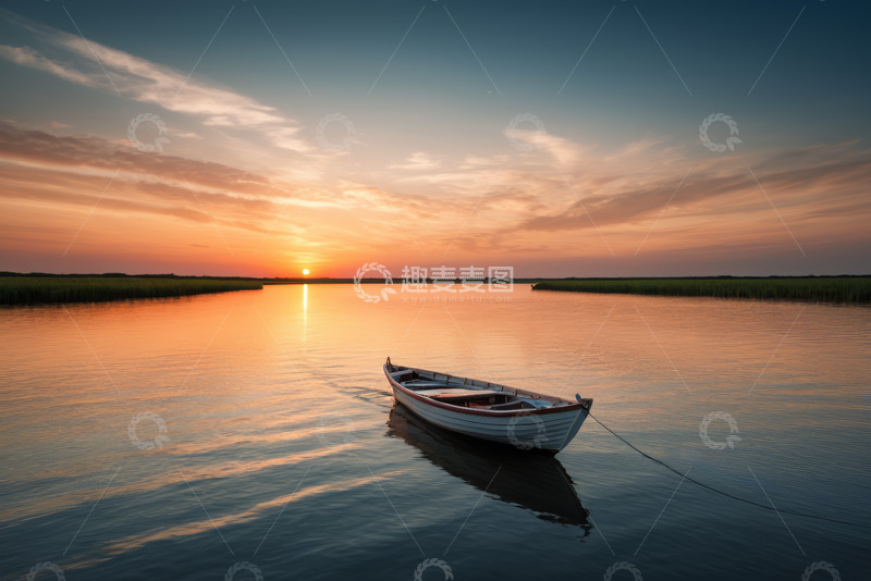 高清大图下载【趣麦麦图】水面孤舟日落风光