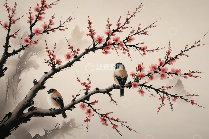 高清大图下载【趣麦麦图】水墨风梅花与栖息小鸟画面