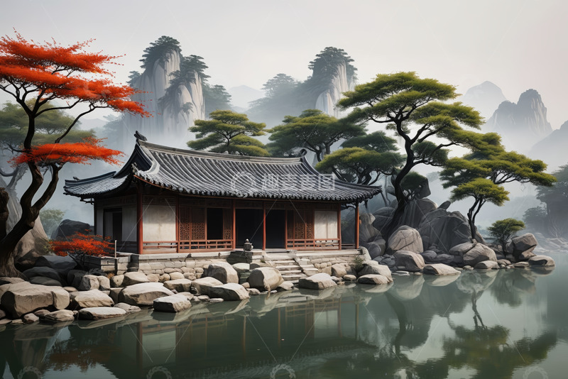 高清大图下载【趣麦麦图】中式古典山水庭院景观