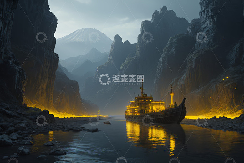 峡谷中航行的灯火通明船只
