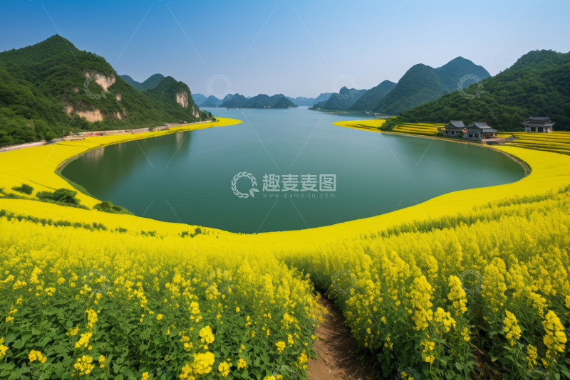 高清大图下载【趣麦麦图】湖边油菜花海自然风光