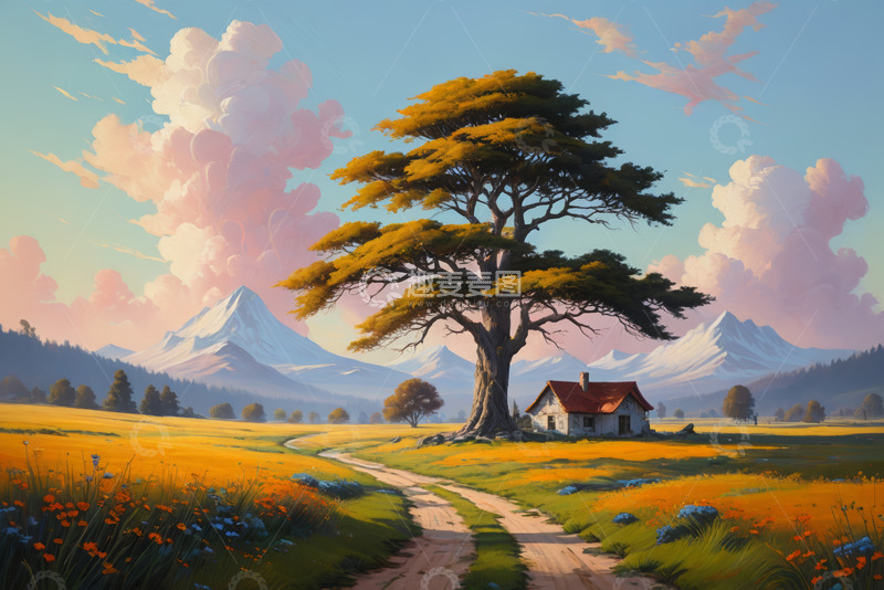 高清大图下载【趣麦麦图】田野中大树旁的小屋风景