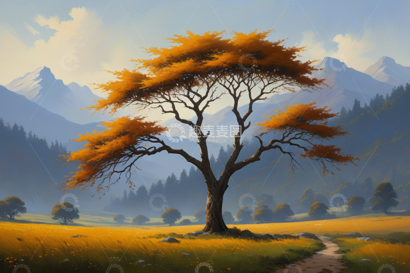 高清大图下载【趣麦麦图】原野中的孤树与远山风景