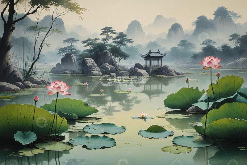 高清大图下载【趣麦麦图】中式山水荷塘风景