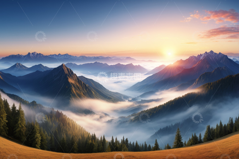 高清大图下载【趣麦麦图】山间日出自然风光全景