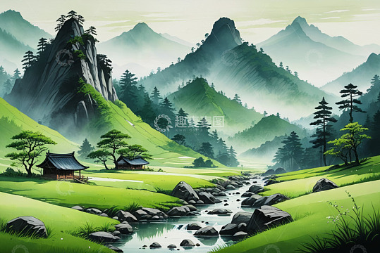 中式山水田园风景