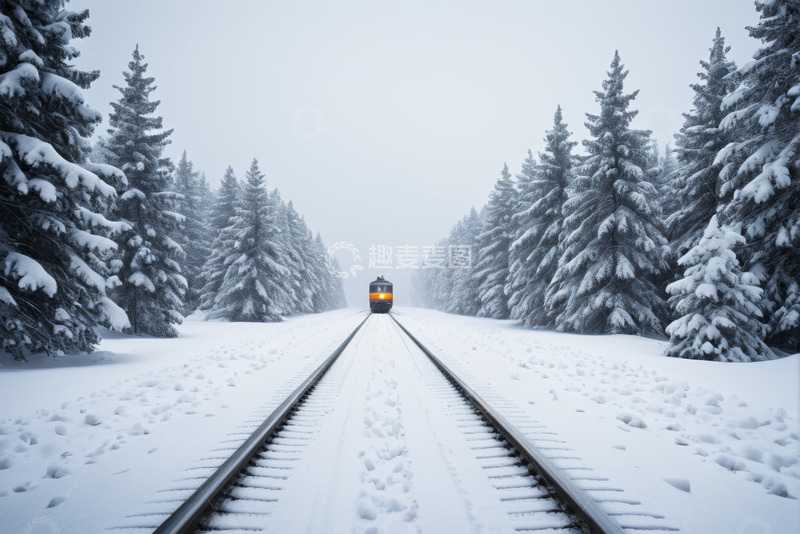 高清大图下载【趣麦麦图】雪覆森林中行驶的火车