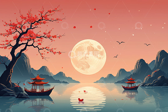 古风月夜山水风景图