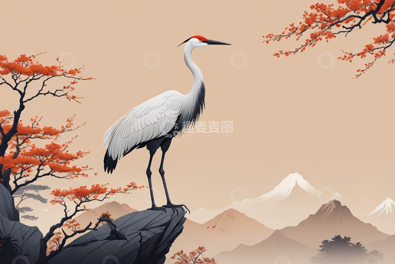 高清大图下载【趣麦麦图】丹顶鹤立于山石的古风景观