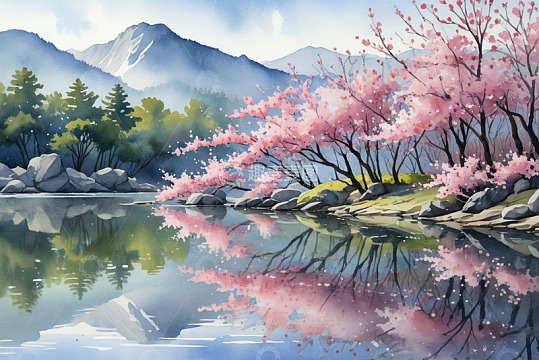 湖畔盛开的粉色樱花风景