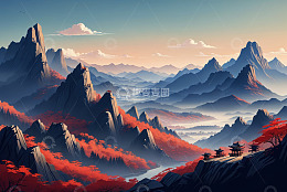 山间红叶与古典建筑景观
