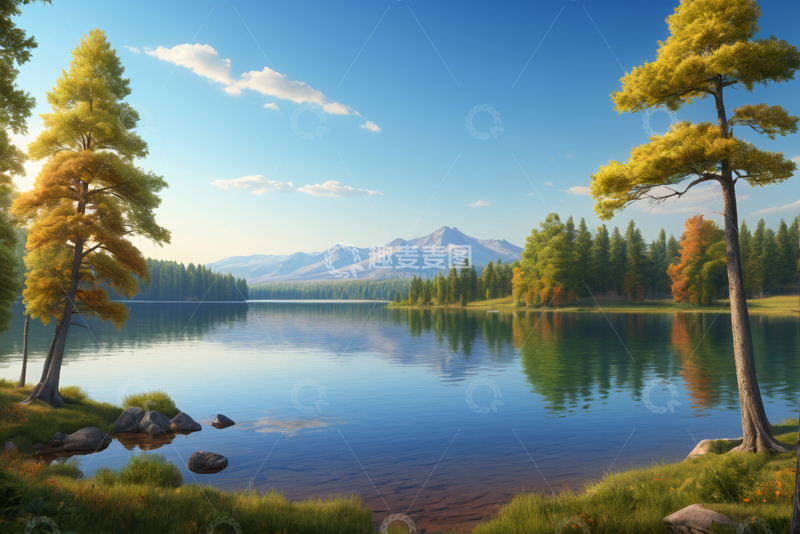 高清大图下载【趣麦麦图】湖畔森林自然风光全景