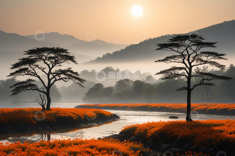 高清大图下载【趣麦麦图】日出时分山间河畔风景