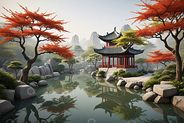 中式园林山水亭台景致