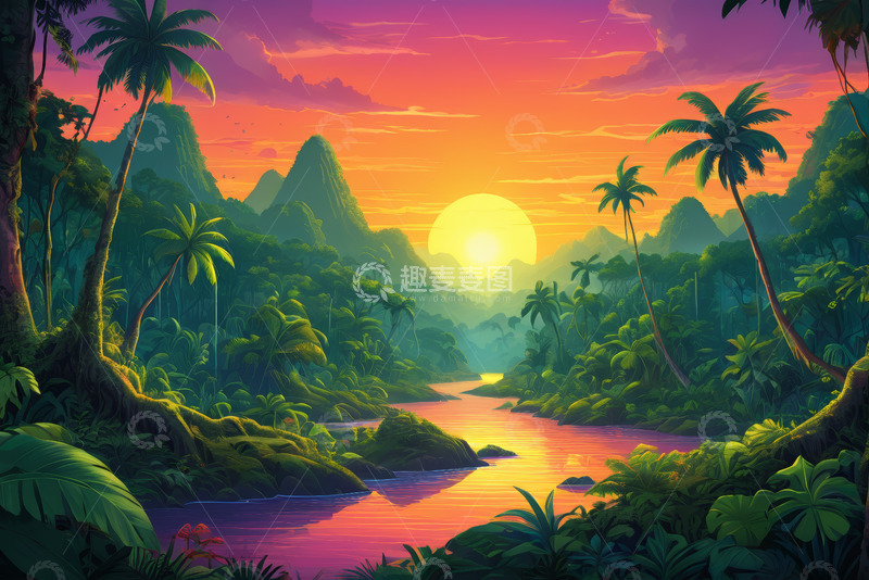 高清大图下载【趣麦麦图】热带丛林夕阳自然风光