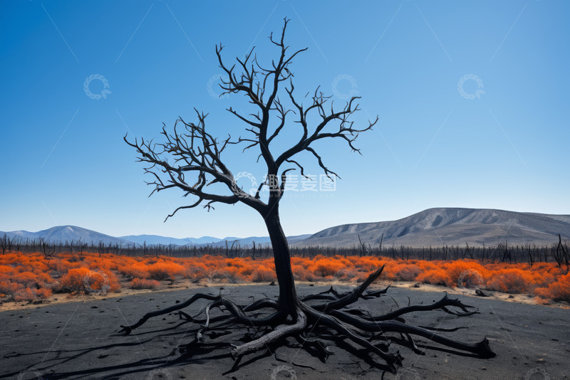 高清大图下载【趣麦麦图】荒野枯树与橙色植被景观