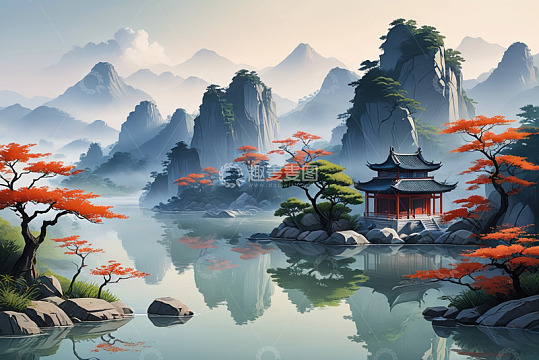 中式山水风景与古典建筑