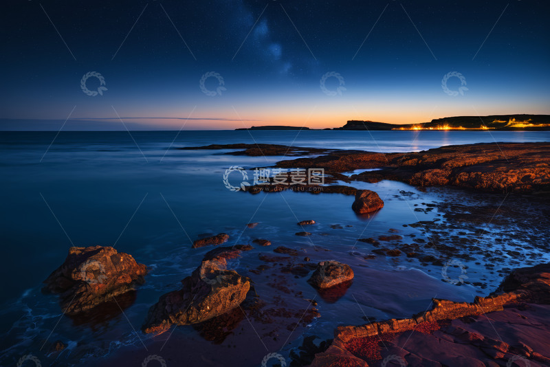 高清大图下载【趣麦麦图】海边夜景礁石与星空