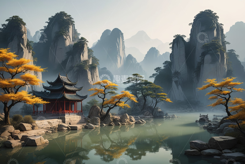 高清大图下载【趣麦麦图】中式山水景观古建筑画面