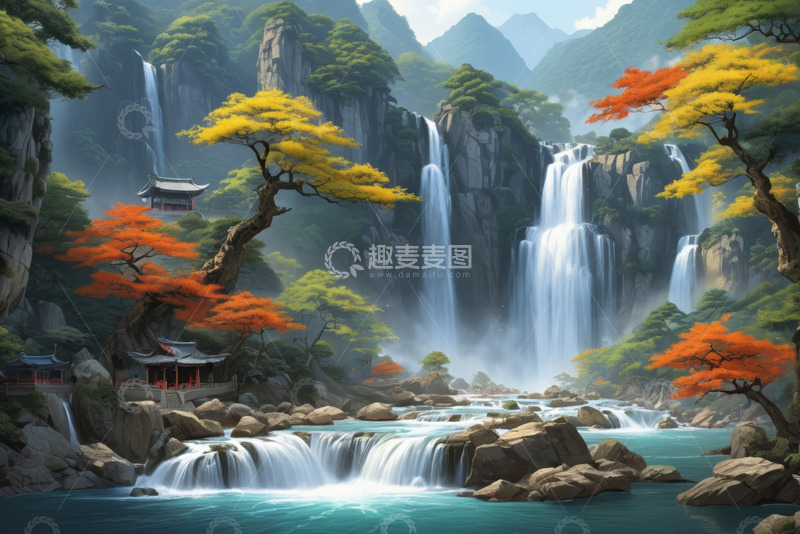 高清大图下载【趣麦麦图】山水间中式古建筑自然景观