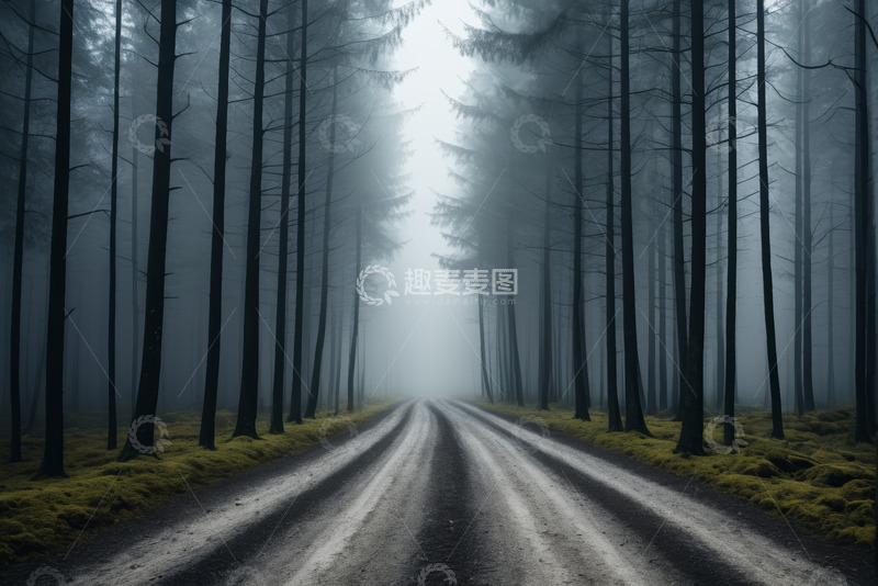 高清大图下载【趣麦麦图】雾中森林里的道路景象