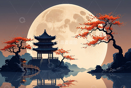 古风亭台与满月景观