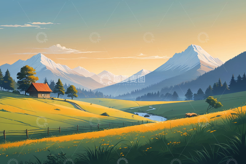 高清大图下载【趣麦麦图】山间草原小屋自然风光