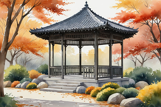 秋日园林中的古风凉亭
