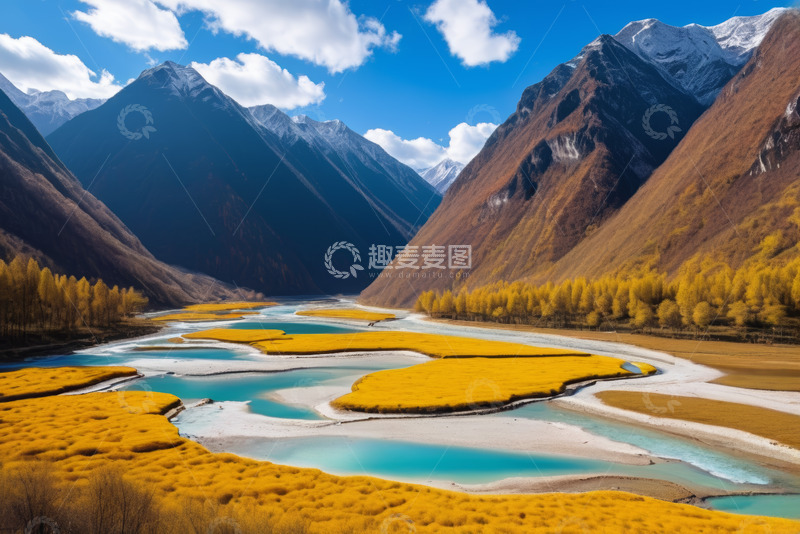 高清大图下载【趣麦麦图】山谷间河流与秋色山脉景观