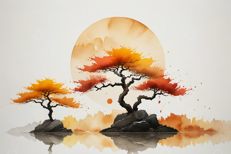 高清大图下载【趣麦麦图】中式水墨风格山水树木图