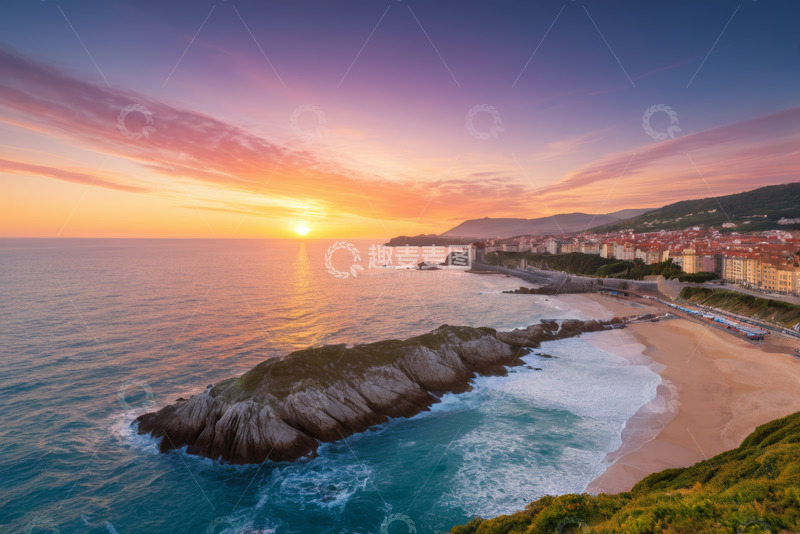 高清大图下载【趣麦麦图】海岸日落海滨小镇景观